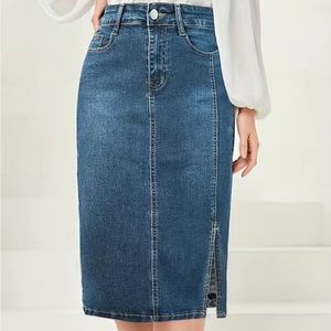 Side Split Vintage Washed Midi Denim Skirt